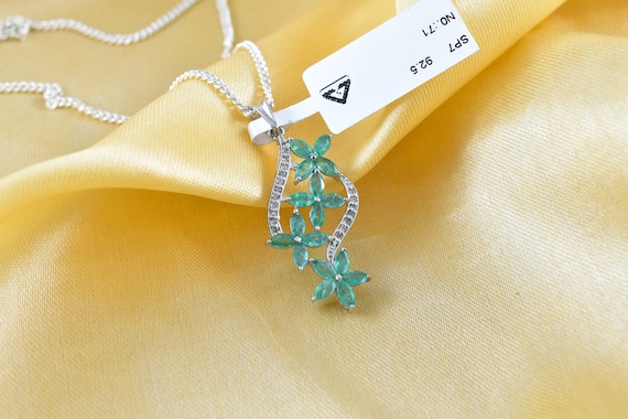 Emerald Flower Pendant Necklace, Sterling Silver, Genuine Diamonds