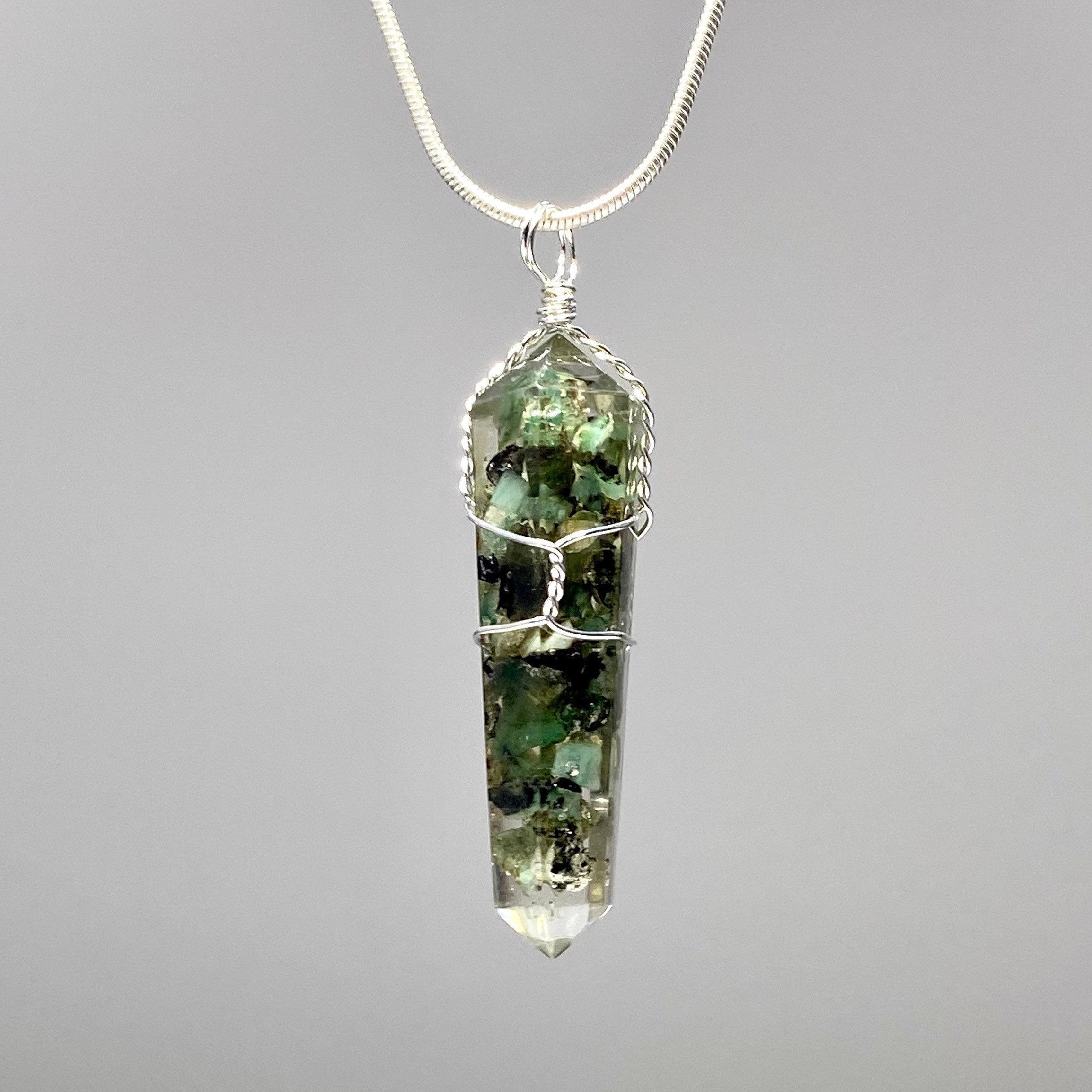 Emerald In Orgonite Wire Wrapped Pendant Necklace