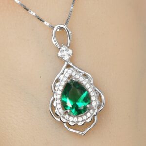 Large Emerald Necklace - 18kgp Sterling Silver - Flower Leaf Teardrop Emerald Jewelry- May Birthstone - Solitaire Halo Emerald Pendant #535