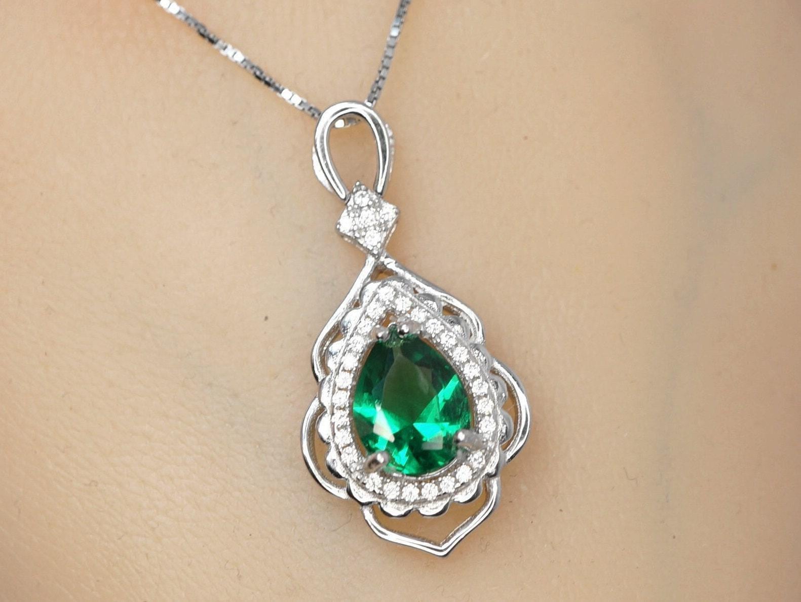 Large Emerald Necklace - 18kgp Sterling Silver - Flower Leaf Teardrop Emerald Jewelry- May Birthstone - Solitaire Halo Emerald Pendant #535