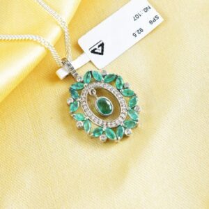 Natural Emerald Diamond Sterling Silver Pendant