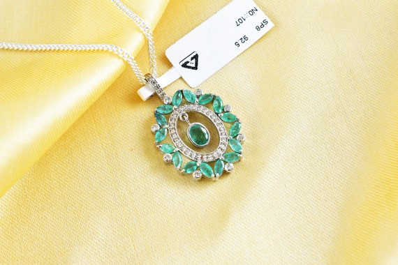 Natural Emerald Diamond Sterling Silver Pendant