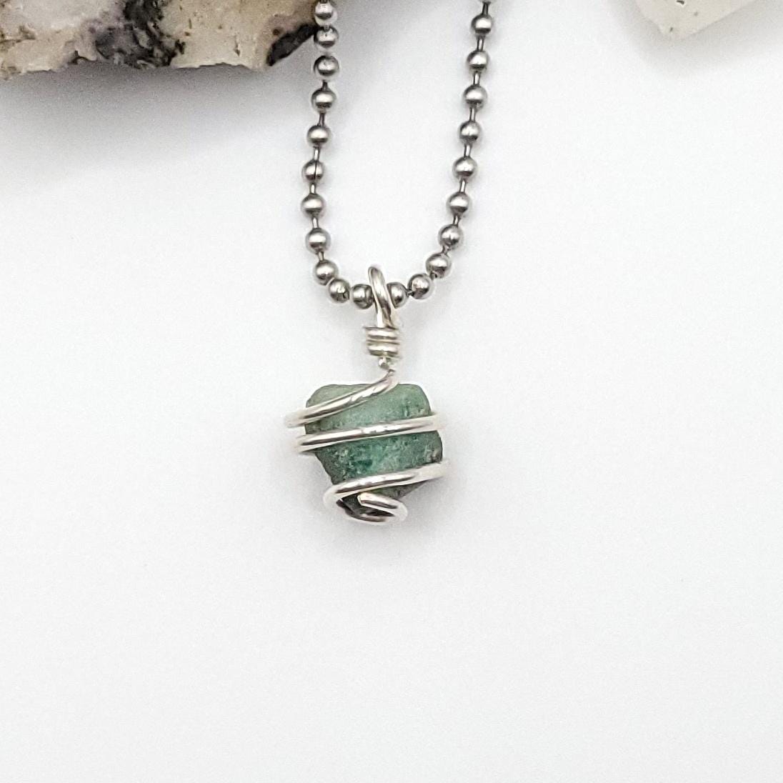 Raw Emerald Pendant Necklace: Silver Wire Wrapped May Birthstone