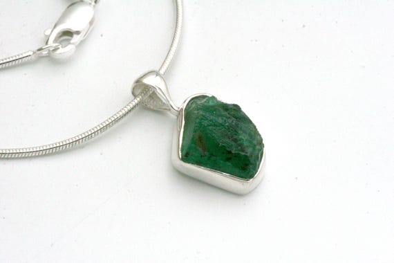 Raw Emerald Pendant Necklace: Sterling Silver Bezel, May Birthstone