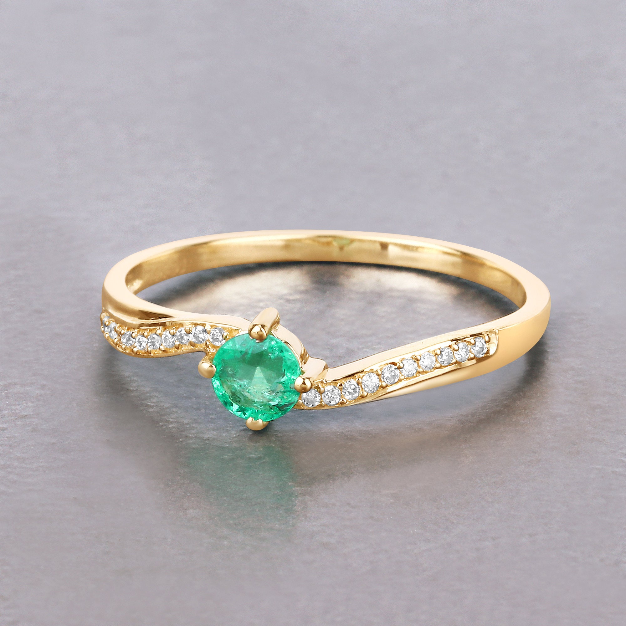 14k Gold Ring, Emerald Ring, Emerald And Diamond Bypass Ring, Genuine Emerald, May Birthstone, Gold Emerald Ring, Minimalist, Christmas Gift