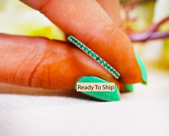 14k Gold Emerald Half Eternity Band, Wedding Stacking Ring 14k Gold Emerald Half Eternity Band, Wedding Stacking Ring