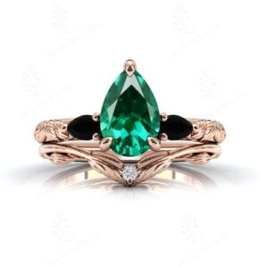 14k Gold Emerald Leaf Ring Set For Women Pear Shape Emerald Engagement 2 Pcs Ring Set Art Deco Green Gemstone Wedding Ring Set Gift For Her