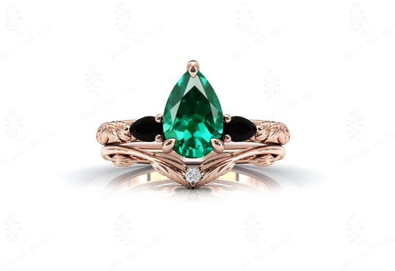 14k Gold Emerald Leaf Ring Set For Women Pear Shape Emerald Engagement 2 Pcs Ring Set Art Deco Green Gemstone Wedding Ring Set Gift For Her