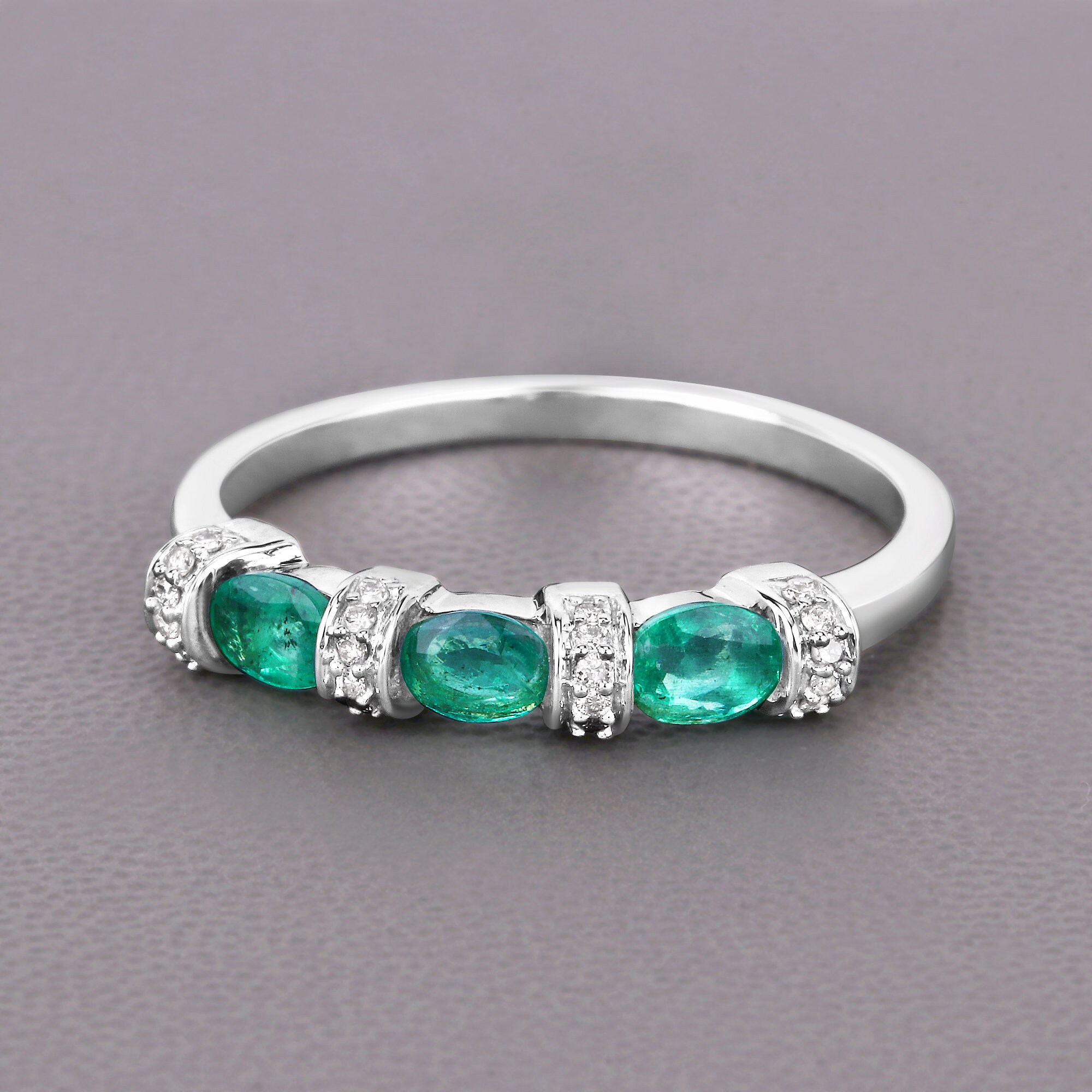 14k White Gold, Natural 3-stone Emerald Ring, Emerald Engagement Ring, Gold Emerald Ring, Emerald & Diamond Ring, May Birthstone Ring