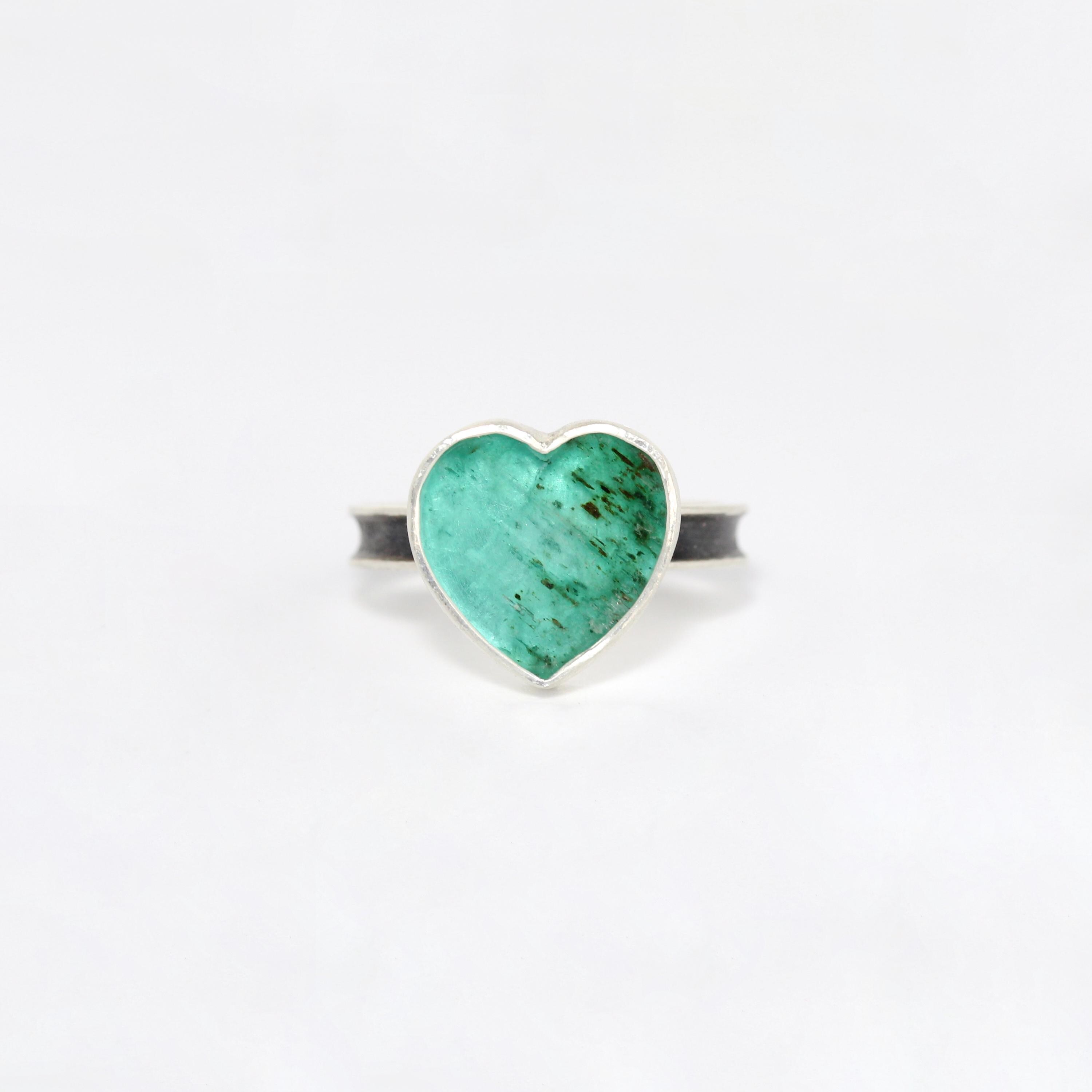 Alternative Emerald Engagement Ring Green Heart Slice Sterling Silver Bezel Oxidized Band Romantic May Birthstone Brazil Her - Meteoric Love