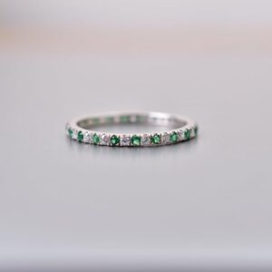 Emerald With Moissanite Full Eternity Band 14k Solid Gold Wedding Band, Delicate Stacking Ring Gift Emerald With Moissanite Full Eternity Band 14k Solid Gold Wedding Band, Delicate Stacking Ring Gift