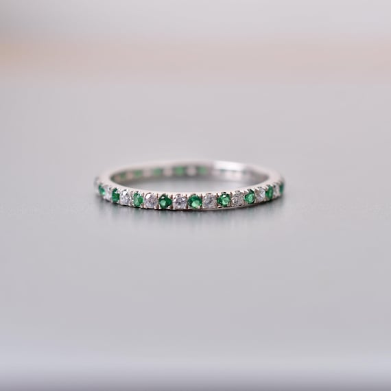 Emerald Moissanite Full Eternity Band, 14k Solid Gold Wedding Ring, Delicate Stacking Anniversary Gift Emerald Moissanite Full Eternity Band, 14k Solid Gold Wedding Ring, Delicate Stacking Anniversary Gift