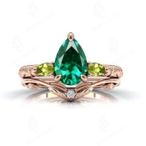 Art Deco Leaf Emerald Ring Set For Women 14k Rose Gold Emerald Engagement Ring Set Pear Cut Emerald Wedding Ring Set Unique Promise Ring Set