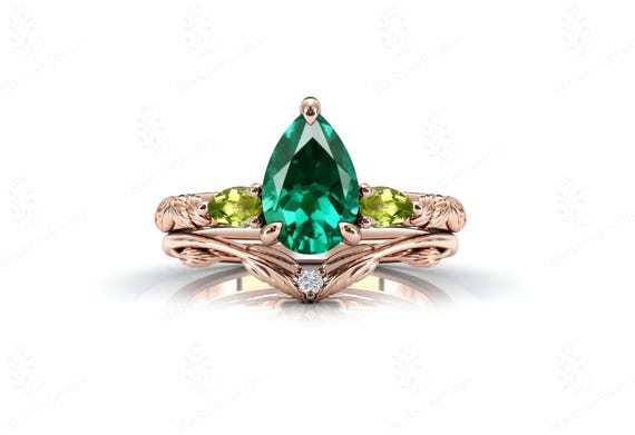 Art Deco Leaf Emerald Ring Set For Women 14k Rose Gold Emerald Engagement Ring Set Pear Cut Emerald Wedding Ring Set Unique Promise Ring Set