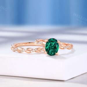 Classic Oval Lab Emerald Bridal Ring Set, Twist Moissanite Band Ring, 18K Rose Gold Wedding Ring, Custom Gemstone Engagement Ring for Women