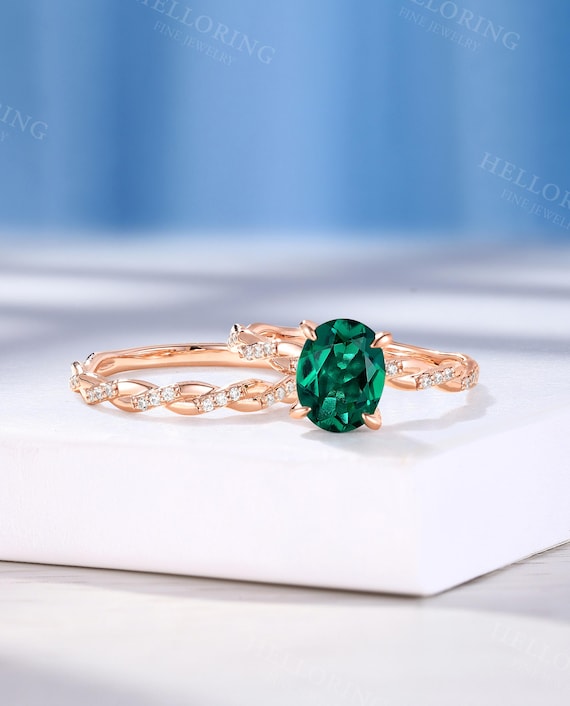 Classic Oval Lab Emerald Bridal Ring Set, Twist Moissanite Band Ring, 18k Rose Gold Wedding Ring, Custom Gemstone Engagement Ring For Women