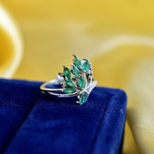 Emerald Diamond Engagement Ring, Sterling Silver Leaf Design Emerald Diamond Engagement Ring, Sterling Silver Leaf Design