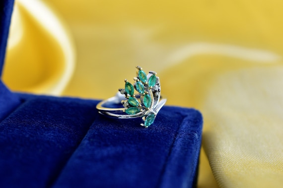 Emerald Diamond Engagement Ring, Sterling Silver Leaf Design
