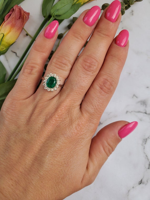 Elegant 1 Carat Real Green Emerald & Diamond Engagement Ring, Princess Diana Inspired Ring, Solid Gold Halo Emerald Ring, Promise Ring Elegant 1 Carat Real Green Emerald & Diamond Engagement Ring, Princess Diana Inspired Ring, Solid Gold Halo Emerald Ring, Promise Ring