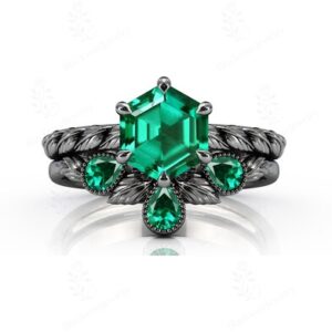 Emerald Engagement Ring Set For Her Silver Black Over Green Stone Ring Set Art Deco Leaf Design Black Wedding Ring Set Unique Promise Ring