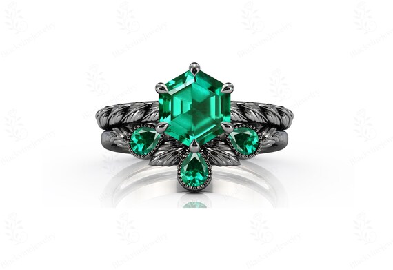 Emerald Engagement Ring Set For Her Silver Black Over Green Stone Ring Set Art Deco Leaf Design Black Wedding Ring Set Unique Promise Ring
