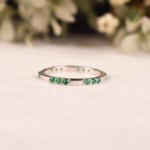Emerald Full Eternity Band, 14k White Gold Delicate Stacking Ring Emerald Full Eternity Band, 14k White Gold Delicate Stacking Ring