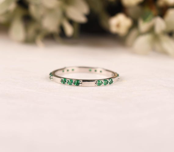Emerald Full Eternity Band, 14k White Gold Delicate Stacking Ring