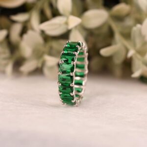 Emerald Eternity Wedding Band, 14k Gold Overlay, 925 Sterling Silver, Octagon Emerald Ring