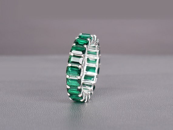 Emerald Eternity Wedding Band, 14k Gold Overlay, Sterling Silver