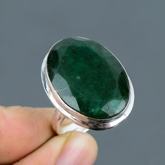 Faceted Zambian Emerald Ring: Handmade 925 Sterling Silver, Adjustable Faceted Zambian Emerald Ring: Handmade 925 Sterling Silver, Adjustable