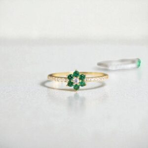 Emerald Flower Ring: Gold-plated Sterling Silver May Birthstone