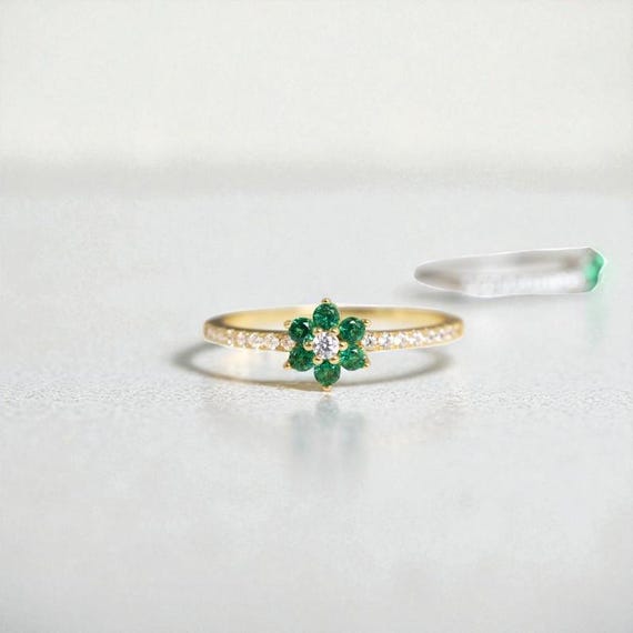 Emerald Flower Ring: Gold-plated Sterling Silver May Birthstone