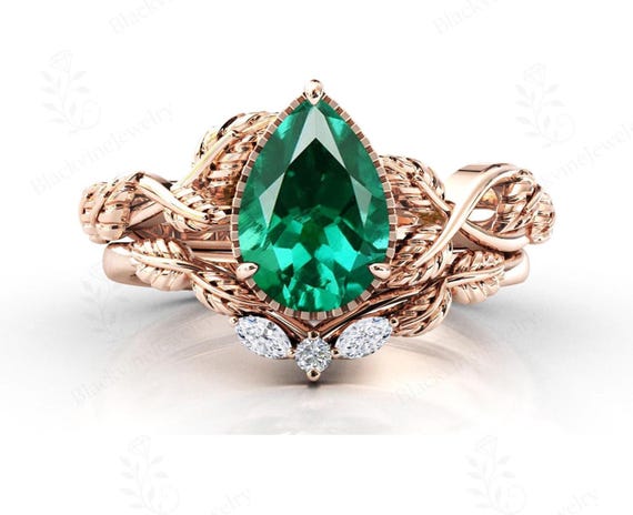 Emerald Gemstone Wedding Ring Set For Women Antique Leaf Design Engagement Ring Set 925 Silver Emerald Bridal Promise Ring Set Gift For Her
