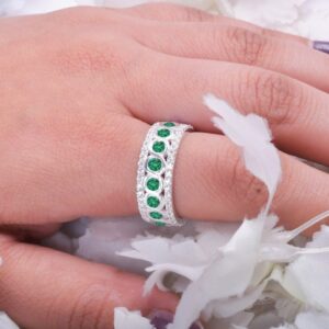 Green Emerald Bridal Ring, 14k Rose Gold Anniversary Band