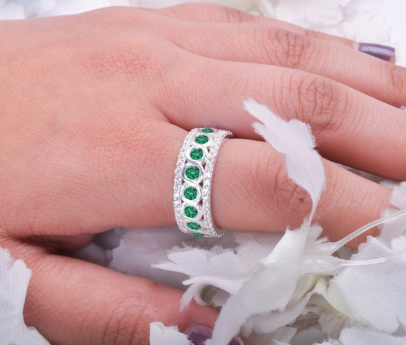 Green Emerald Bridal Ring, 14k Rose Gold Anniversary Band
