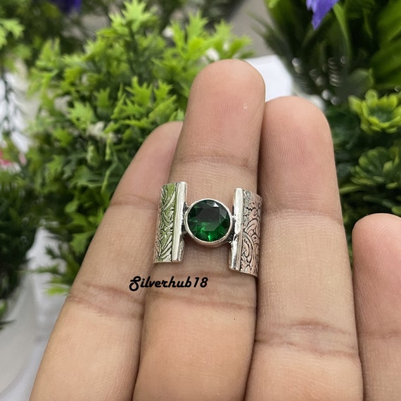 Handmade Emerald 925 Sterling Silver Wide Band Ring