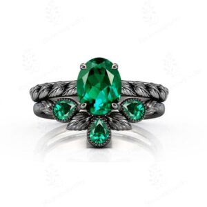 Lab Grown Emerald Engagement Ring Set For Her 925 Silver Green Gemstone Leaf Ring Set Art Deco 2 Pcs Statement Ring Set Unique Promise Rings