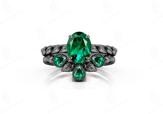 Lab Grown Emerald Engagement Ring Set For Her 925 Silver Green Gemstone Leaf Ring Set Art Deco 2 Pcs Statement Ring Set Unique Promise Rings