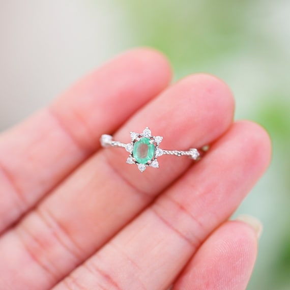 Natural Emerald Ring: Art Deco Cz Diamond, Sterling Silver