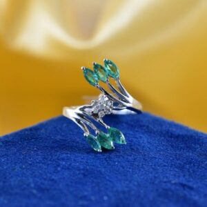 Natural Emerald & Diamond Sterling Silver Engagement Ring