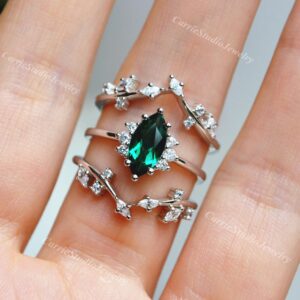 Nature Inspired Marquise Emerald Engagement Ring Set - Vintage Stacking Ring Set Silver- Anniversary Ring Gift for her
