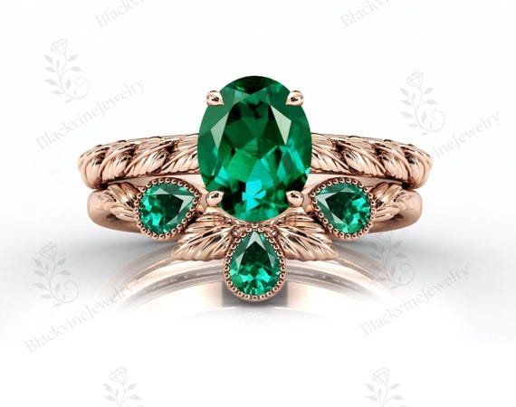 Oval Cut Emerald Vine Leaf Ring Set For Women 14k Gold Emerald Nature Inspired Ring Set Art Deco 2 Piece Bridal Ring Set Unique Promise Ring