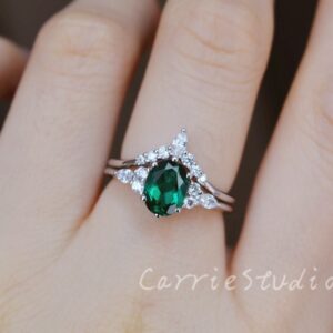 Oval Emerald Ring Set/Lab Created Emerald Engagement Ring Set/Silver Emerald Promise Ring/Personalized Gifts for Her High Quality