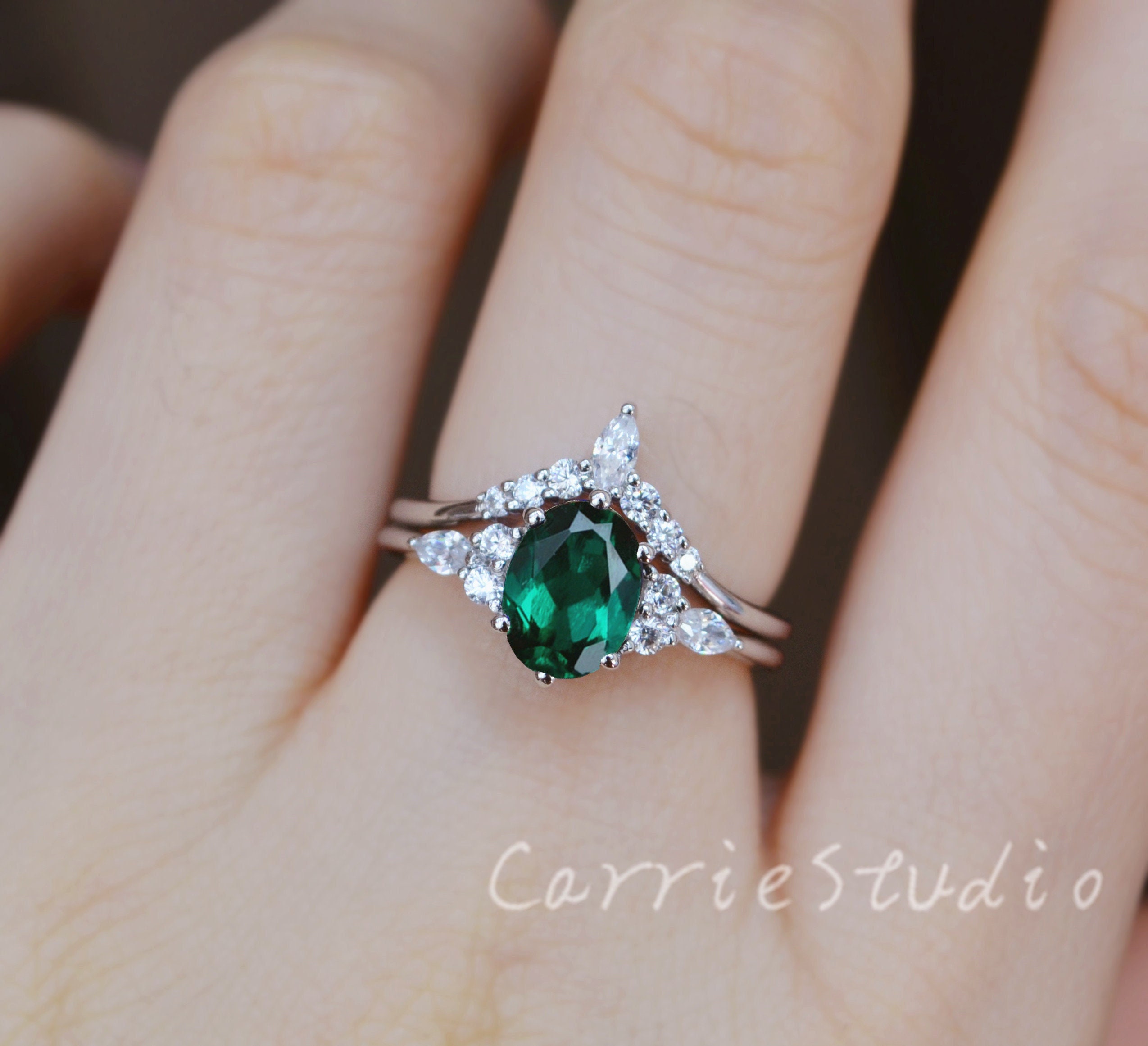 Oval Emerald Ring Set/lab Created Emerald Engagement Ring Set/silver Emerald Promise Ring/personalized Gifts For Her High Quality