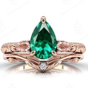 Pear Shaped Emerald Engagement Ring Set Unique Vine Leaf Design Bridal Promise Ring Set For Women Art Deco 2 Piece Wedding Ring Set For Her