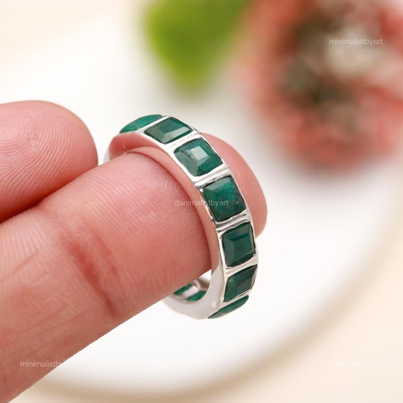 Emerald Ring: Square Green Gemstone, 925 Sterling Silver