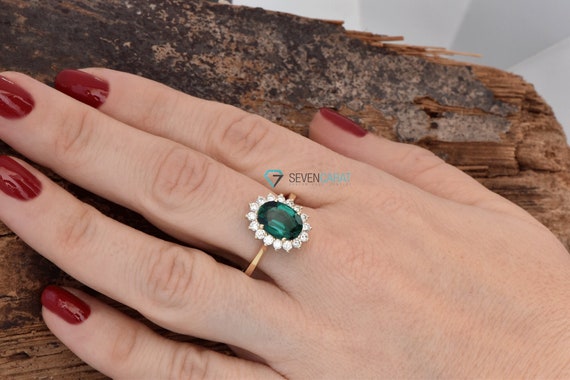 Unique Elegant Oval 2 Carat Lab Green Emerald & Diamonds Engagement Ring, Alternative Vintage Style Engagement Ring, Princess Diana Ring
