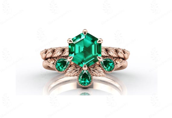 Vintage Emerald Engagement Ring Set For Her 925 Silver Green Gemstone Ring Set Art Deco Leaf Design Wedding Ring Set Unique Promise Rings