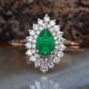 Vintage Natural Emerald Peart Cut Ring Set with Double Halo Genuine Diamonds, Gatsby Engagement Ring, Art Deco Edwardian Style Jewelry Vintage Natural Emerald Peart Cut Ring Set with Double Halo Genuine Diamonds, Gatsby Engagement Ring, Art Deco Edwardian Style Jewelry