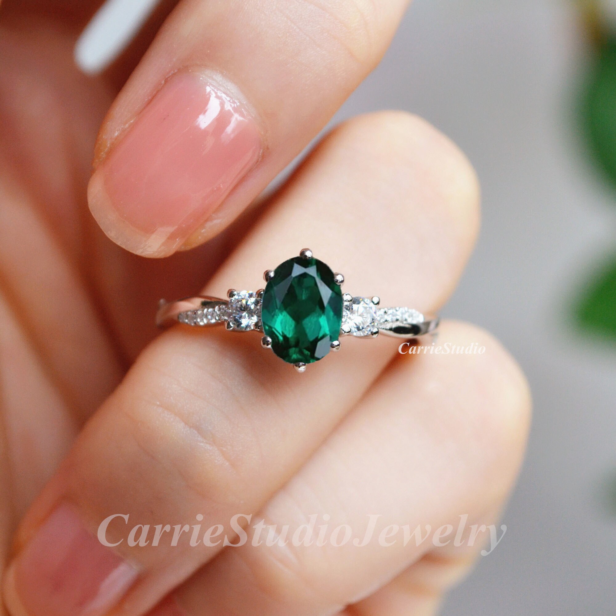 Vintage Twist Emerald Engagement Ring/genuine Lab Emerald Promise Ring/silver 3 Stone Ring/may Birthstone Ring